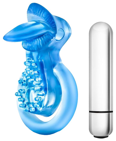 Голубое эрекционное виброкольцо 10 Function Vibrating Tongue Ring Blush Novelties 119378-SM (голубой) 