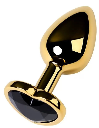 Золотистая коническая анальная пробка с черным кристаллом-сердечком 7 см ToyFa 717016-135 (золотистый) 