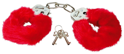 Красные металлические наручники KISSEXPO с мехом (красный; серебристый) 