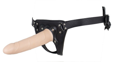Пустотелый страпон Harness CLASSIC с бандажом - 19,5 см. LoveToy (бежевый; черный) 