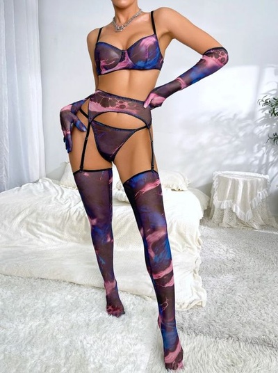 Эротический комплект нижнего белья JSY Sexy Lingerie 26867M с чулками и перчатками р-р M (разноцветный; розовый; фиолетовый) 