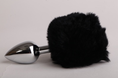 Металлическая анальная пробка с черным заячьим хвостиком, 2.2 см (серебристый) Luxurious Tail (Черный) 
