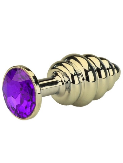 Маленькая анальная пробка Plug Gold ребристая с кристаллом – золотистый/фиолетовый Gvibe (ex. FunToys) 