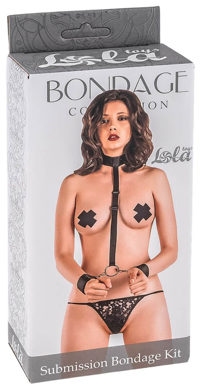Ошейник Lola Toys Submission Bondage Kit с длинной лентой и наручниками (черный) 