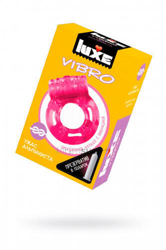 Эрекционное кольцо Luxe Vibro Ужас Альпиниста + презерватив, розовое (Бесцветный) 