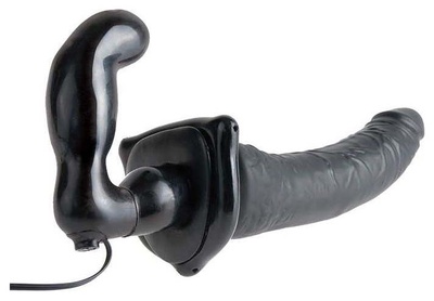 Черный страпон с вагинальной пробкой Deluxe Vibrating Penetrix Strap-On 19 см PipeDream 