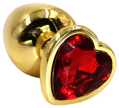Золотистая алюминиевая анальная пробка с красным кристаллом-сердцем 8,4 см Kanikule (золотистый) 