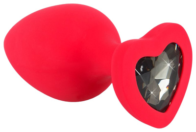Красная силиконовая анальная пробка с черным стразом-сердечком 9,3 см 190235 Orion (красный) 