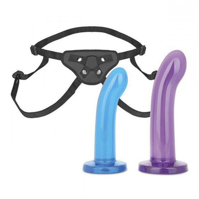 Страпоны унисекс с 2 насадками Lux Fetish Beginners Strap-On фиолетовый и синий 15 и 13 см (разноцветный) 