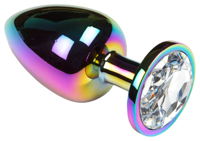 Анальная пробка Пикантные штучки с прозрачным кристаллом радужная 8 см (разноцветный) 