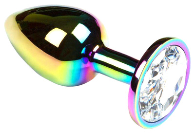 Анальная пробка Пикантные штучки с прозрачным кристаллом радужная 6 см (разноцветный) 