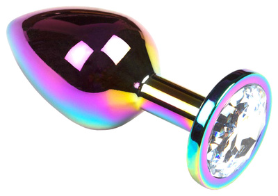 Анальная пробка Пикантные штучки с прозрачным кристаллом радужная 7 см (разноцветный) 