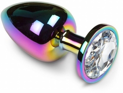 Большая анальная пробка Пикантные штучки радужная с прозрачным кристаллом (разноцветный) 