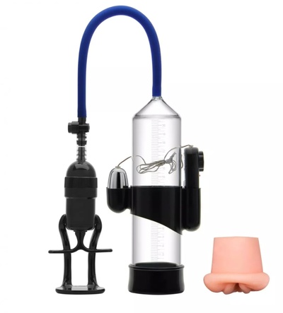 Вакуумная помпа Erozon Penis Pump с вибрацией и вставкой-вагиной (черный; синий) 