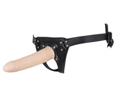 Пустотелый страпон Harness CLASSIC с бандажом - 15,5 см. LoveToy (бежевый; черный) 
