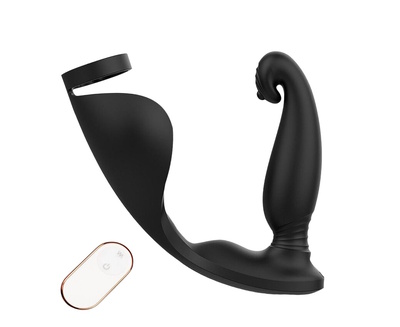 Черный анальный вибромассажёр с эрекционным кольцом и подхватом для мошонки - 12,8 см. Bior toys 