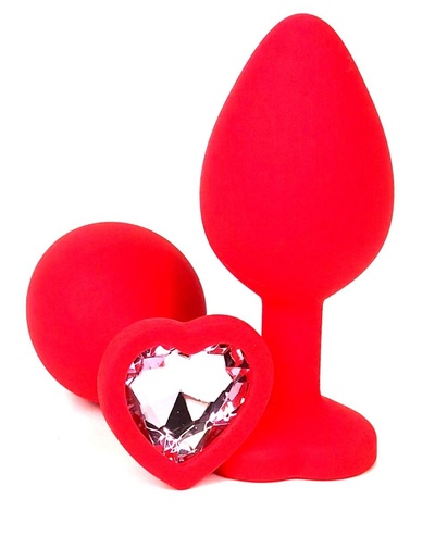 Анальная пробка Vandersex силиконовая с нежно-розовым стразом-сердцем 8 см красная Красная силиконовая анальная пробка с нежно-розовым стразом-сердцем - 8 см. (красный) 