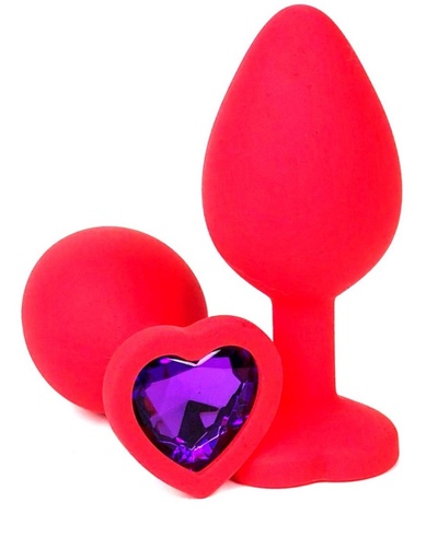Анальная пробка Vandersex силиконовая с фиолетовым стразом-сердцем 8 см красная Красная силиконовая анальная пробка с фиолетовым стразом-сердцем - 8 см. (красный) 