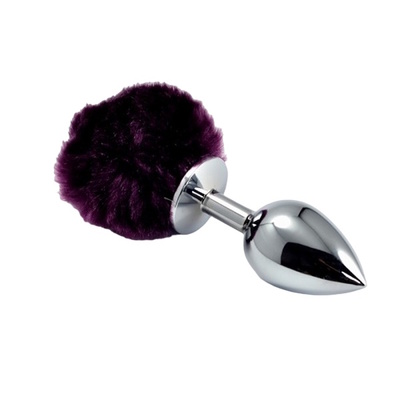 Анальная пробка Lovetoy Pompon Metal Plug Small фиолетовая 13 см Серебристая анальная пробка с фиолетовым хвостиком (серебристый; фиолетовый) 