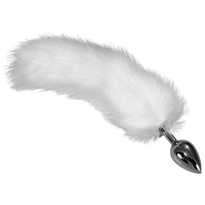 Анальная пробка Lovetoy Metal Anal Tail с белым длинным хвостом 6,5 см (серебристый; белый) 