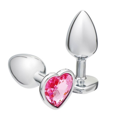 Анальная пробка Оки-Чпоки, серебряная, кристалл розовый, в форме сердца, D = 28 мм (серебристый) 
