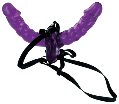 Фиолетовый страпон Double Delight Strap-on с вагинальной пробкой 15 см PipeDream (фиолетовый; черный) 