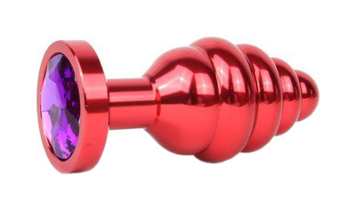 Коническая ребристая Анальная пробка красная с кристаллом фиолетовый 7,1 см Anal Jewelry Plug (красный) 
