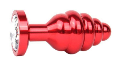 Коническая ребристая Анальная пробка красная с прозрачным кристаллом 8 см Anal Jewelry Plug (красный) 