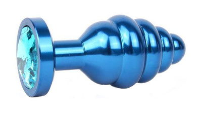 Коническая ребристая синяя Анальная пробка с голубым кристаллом 8 см Anal Jewelry Plug (синий) 