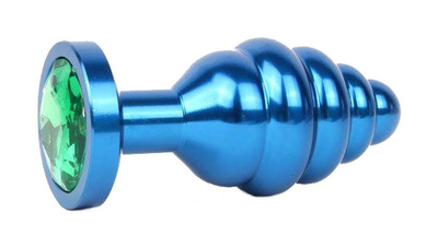 Коническая ребристая синяя Анальная пробка с зеленым кристаллом 8 см Anal Jewelry Plug (синий) 