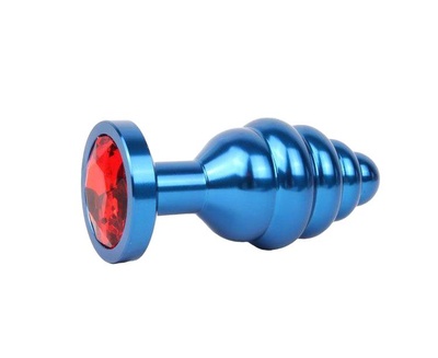 Коническая ребристая синяя Анальная пробка с красным кристаллом 8 см Anal Jewelry Plug (синий) 