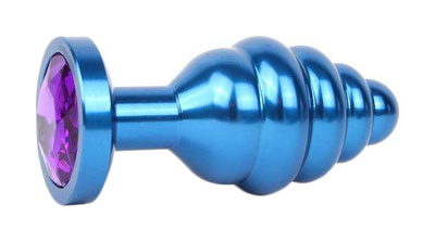 Коническая ребристая синяя Анальная пробка с кристаллом фиолетовый 7,1 см Anal Jewelry Plug (синий) 