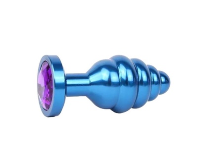 Коническая ребристая синяя Анальная пробка с кристаллом фиолетовый 8 см Anal Jewelry Plug (синий) 