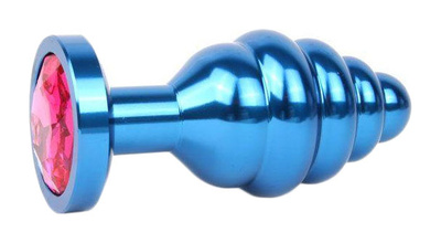 Коническая ребристая синяя Анальная пробка с малиновым кристаллом 7,1 см Anal Jewelry Plug (синий) 