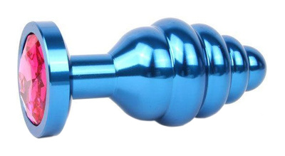 Коническая ребристая синяя Анальная пробка с малиновым кристаллом 8 см Anal Jewelry Plug (синий) 
