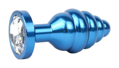 Коническая ребристая синяя Анальная пробка с прозрачным кристаллом 8 см Anal Jewelry Plug (синий) 