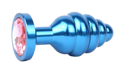 Коническая ребристая синяя Анальная пробка с розовым кристаллом 7,1 см Anal Jewelry Plug (синий) 