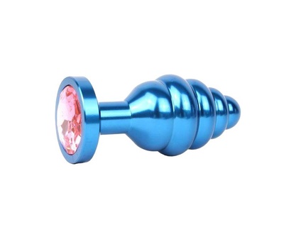 Коническая ребристая синяя Анальная пробка с розовым кристаллом 8 см Anal Jewelry Plug (синий) 