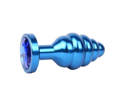 Коническая ребристая синяя Анальная пробка с синим кристаллом 8 см Anal Jewelry Plug (синий) 