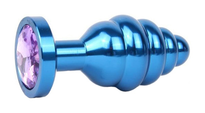 Коническая ребристая синяя Анальная пробка с сиреневым кристаллом 7,1 см Anal Jewelry Plug (синий) 