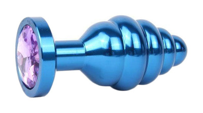 Коническая ребристая синяя Анальная пробка с сиреневым кристаллом 8 см Anal Jewelry Plug (синий) 