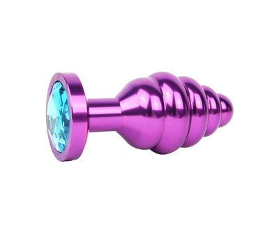 Коническая ребристая фиолетовая Анальная пробка с голубым кристаллом 8 см Anal Jewelry Plug (фиолетовый) 