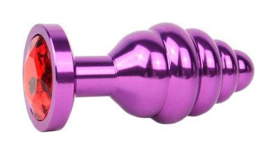 Коническая ребристая фиолетовая Анальная пробка с красным кристаллом 8 см Anal Jewelry Plug (розовый) 