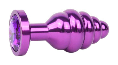 Коническая ребристая фиолетовая Анальная пробка с кристаллом фиолетовый 8 см Anal Jewelry Plug 