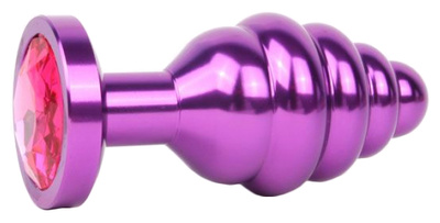 Коническая ребристая фиолетовая Анальная пробка с малиновым кристаллом 8 см Anal Jewelry Plug (фиолетовый) 