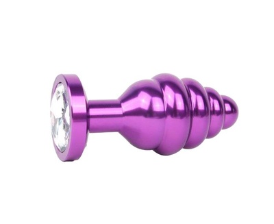 Коническая ребристая фиолетовая Анальная пробка с прозрачным кристаллом 8 см Anal Jewelry Plug (фиолетовый) 