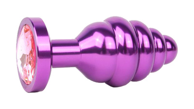 Коническая ребристая фиолетовая Анальная пробка с розовым кристаллом 8 см Anal Jewelry Plug (фиолетовый) 