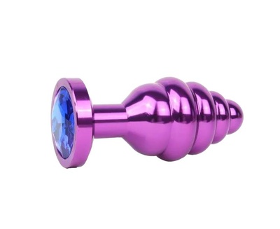 Коническая ребристая фиолетовая Анальная пробка с синим кристаллом 8 см Anal Jewelry Plug (фиолетовый) 