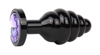 Коническая ребристая черная Анальная пробка с кристаллом сиреневый 8 см Anal Jewelry Plug (черный) 