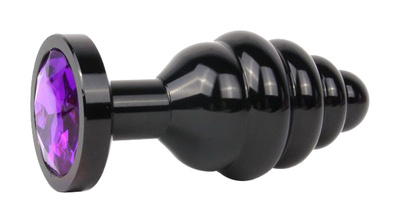Коническая ребристая черная Анальная пробка с фиолетовым кристаллом 7,1 см Anal Jewelry Plug (черный) 